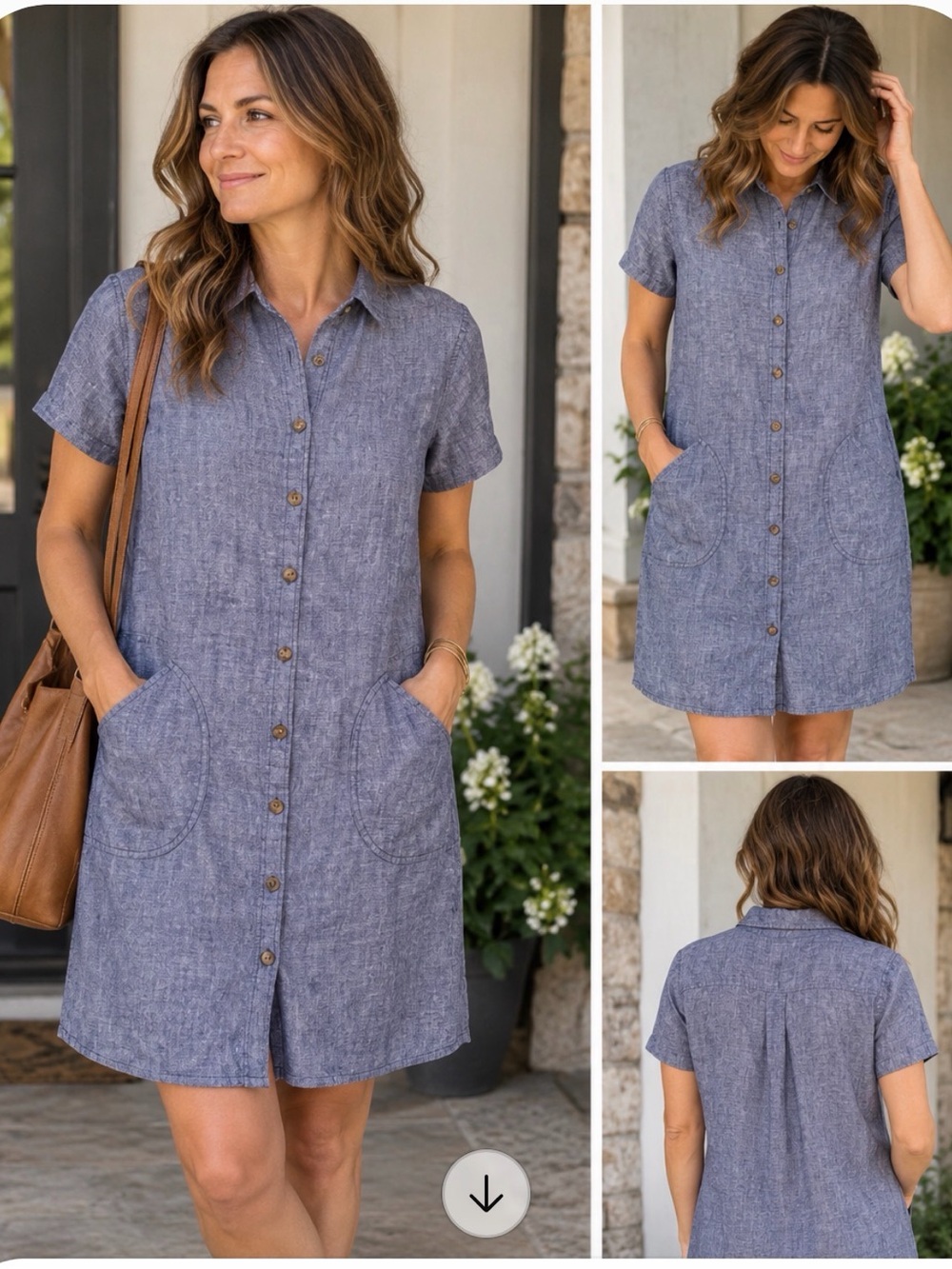 Tahari Women’s M 100% Linen Blue Chambray Shirt Dress Button Front Pockets